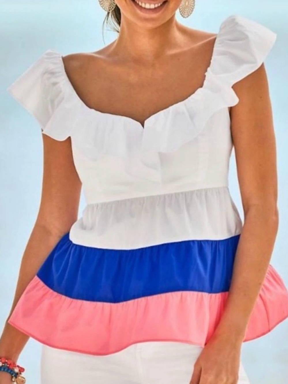 Lilly Pulitzer White Ruffled Shoulder Top with Blue & Pink Tiers